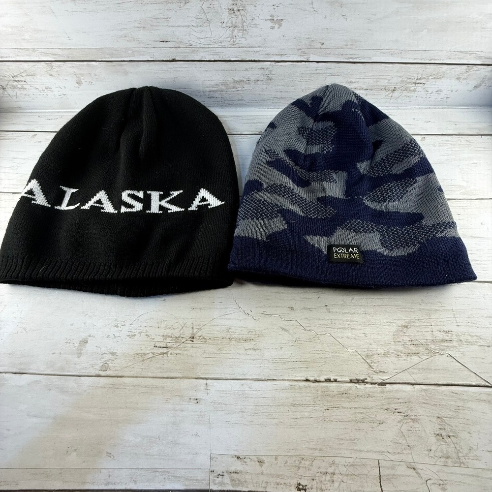 Polar Extreme Camo Beanie and Alaska Souvenir Black Knit Hat Set of 2